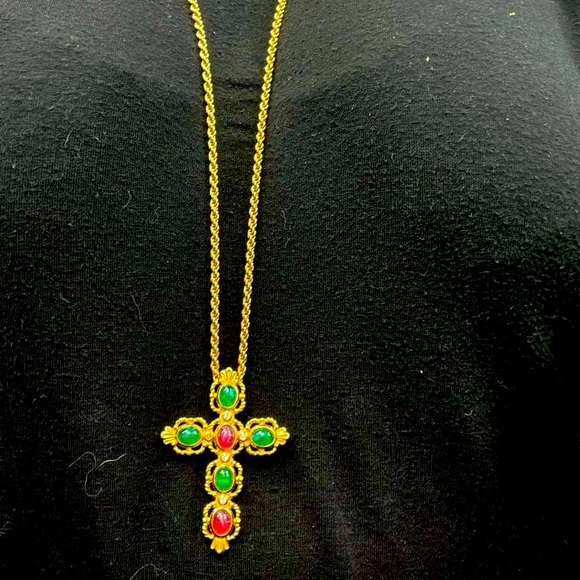 Dior Accessories - Christian Dior Vintage Jewelled Cross Pendant Necklace